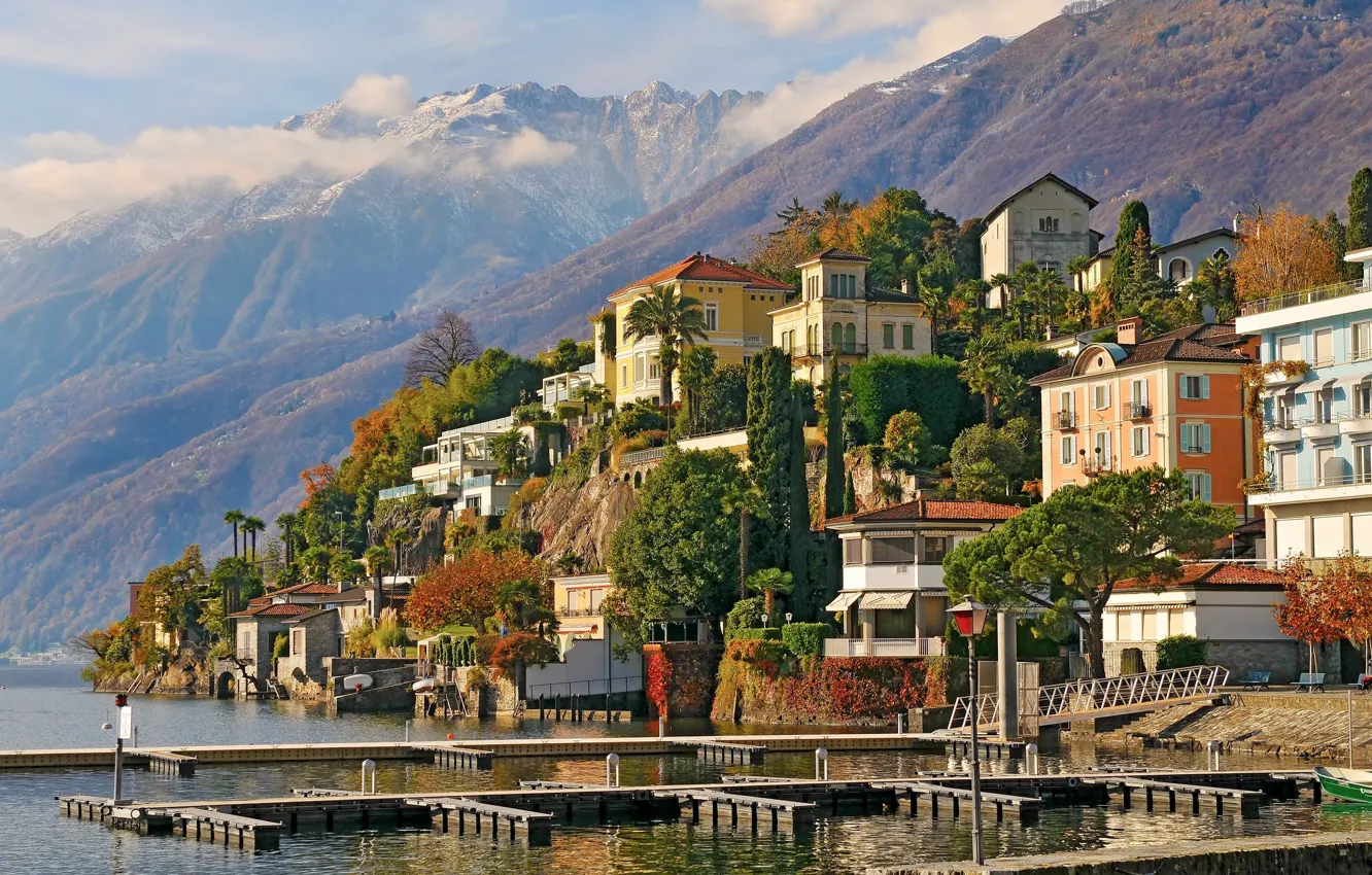 Фото обои деревья, горы, здания, Швейцария, Switzerland, Аскона, Ascona