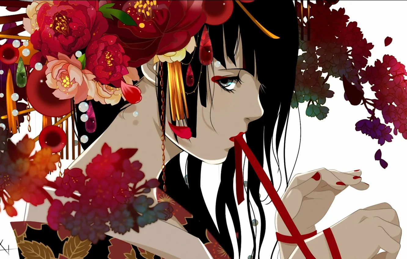 Фото обои девушка, цветы, арт, лента, кимоно, красная