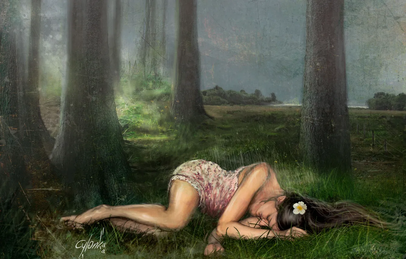 Фото обои лес, трава, девушка, деревья, брюнетка, лежит