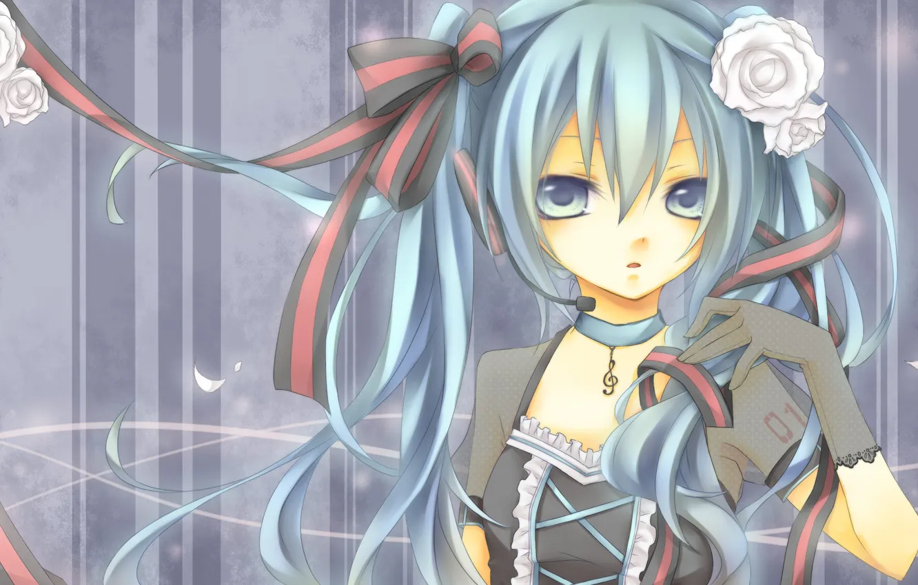 Фото обои ленты, розы, наушники, vocaloid, hatsune miku