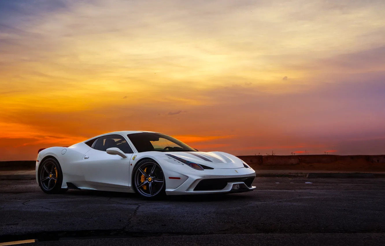 Фото обои Ferrari, Sky, 458, Sunset, White, Italia, Supercar, Speciale