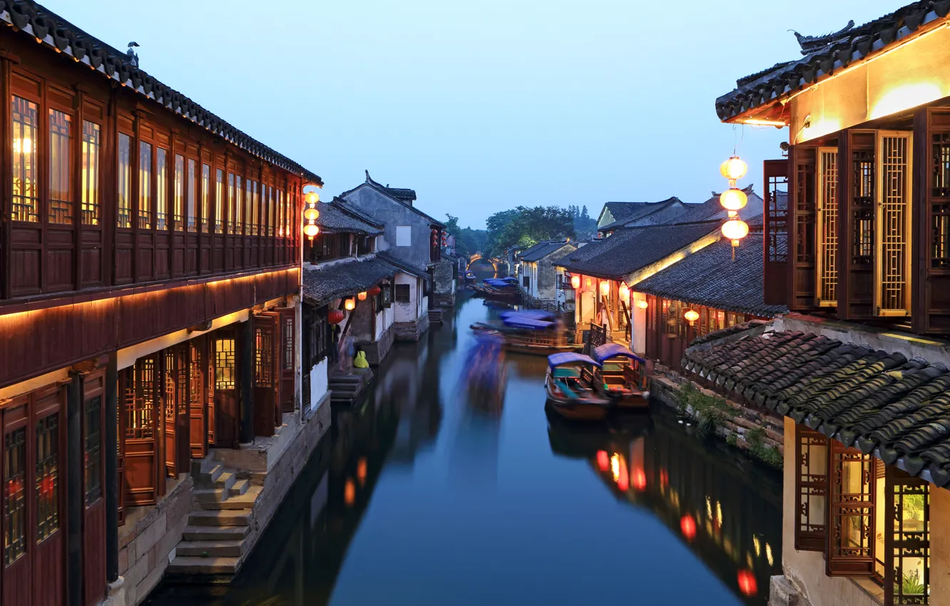 Фото обои город, река, лодка, Китай