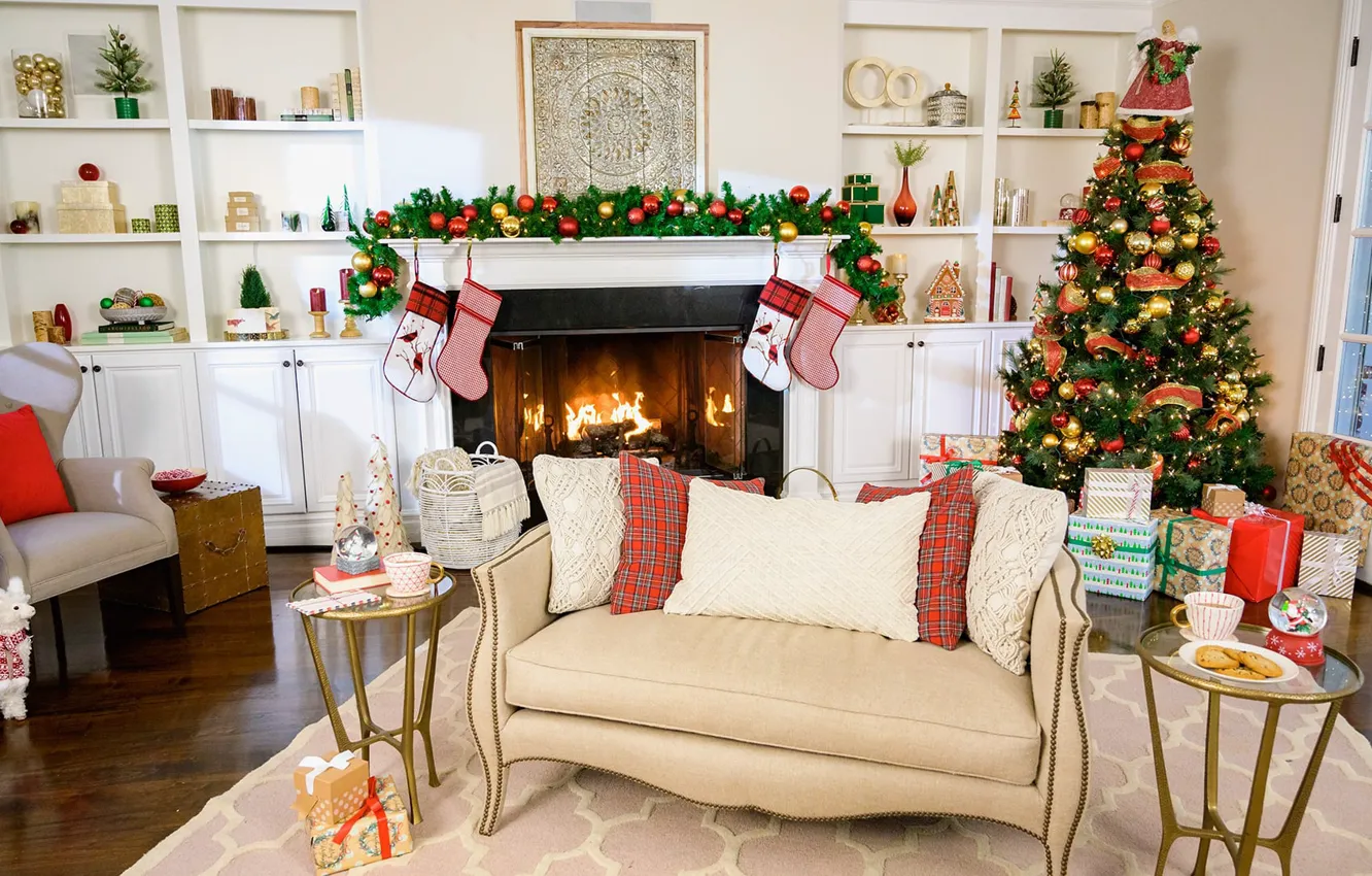 Фото обои дизайн, стиль, тепло, елка, интерьер, Новый Год, Рождество, подарки