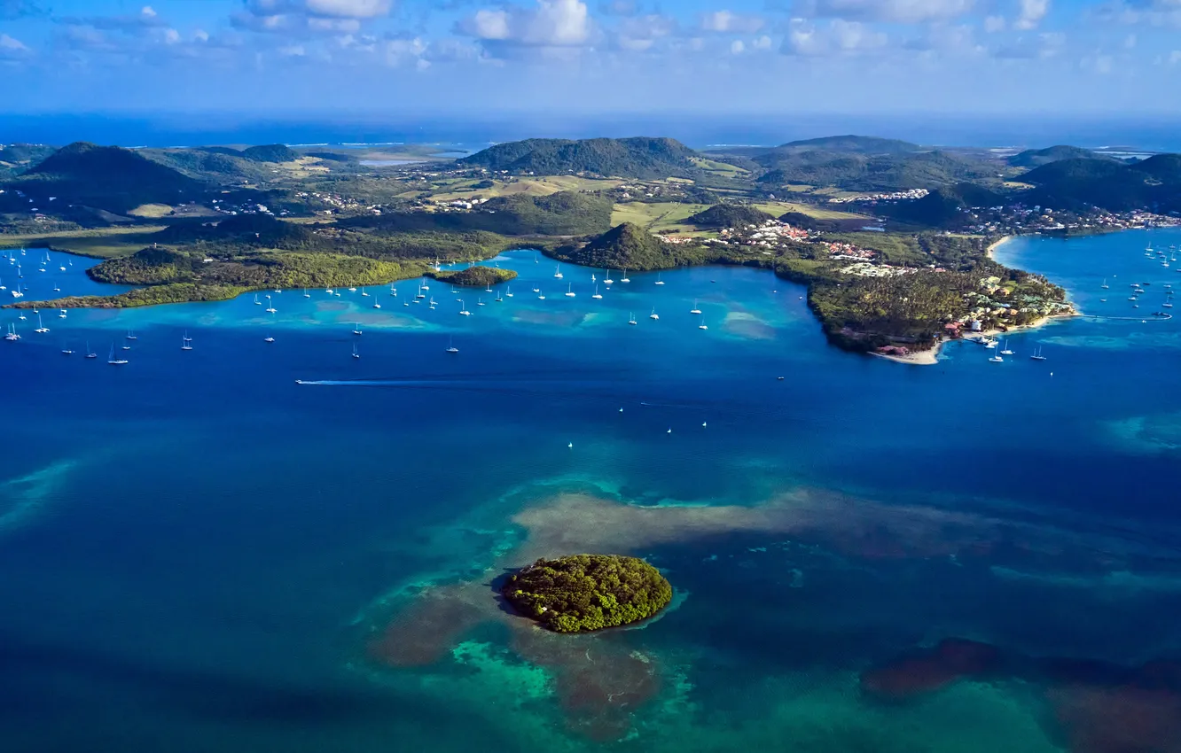 Фото обои Остров, Горизонт, Тропики, Красота, Вид сверху, Martinique, Карибское море, Marina Bay