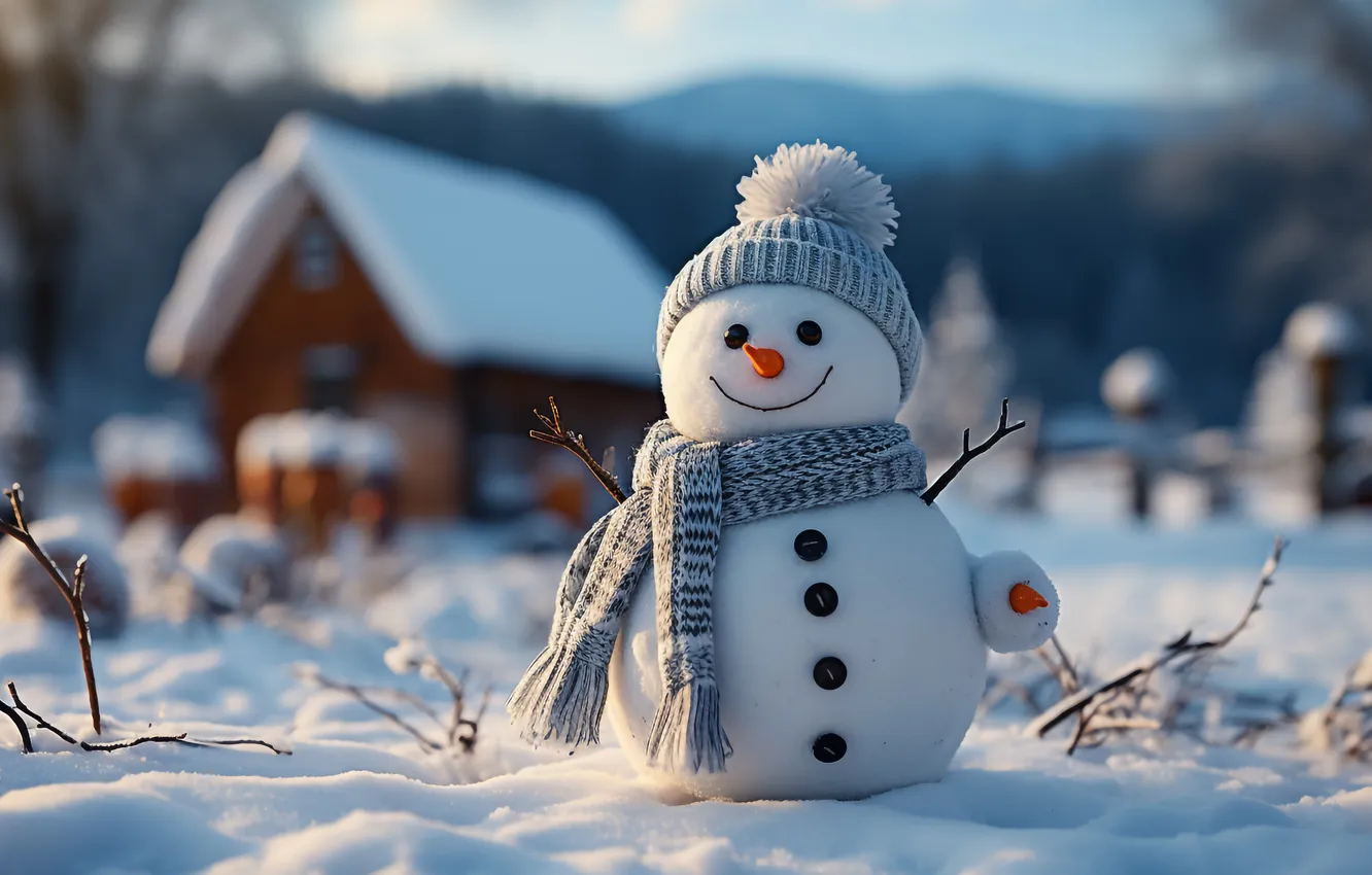 Фото обои зима, снег, Рождество, Новый год, снеговик, Christmas, winter, snow