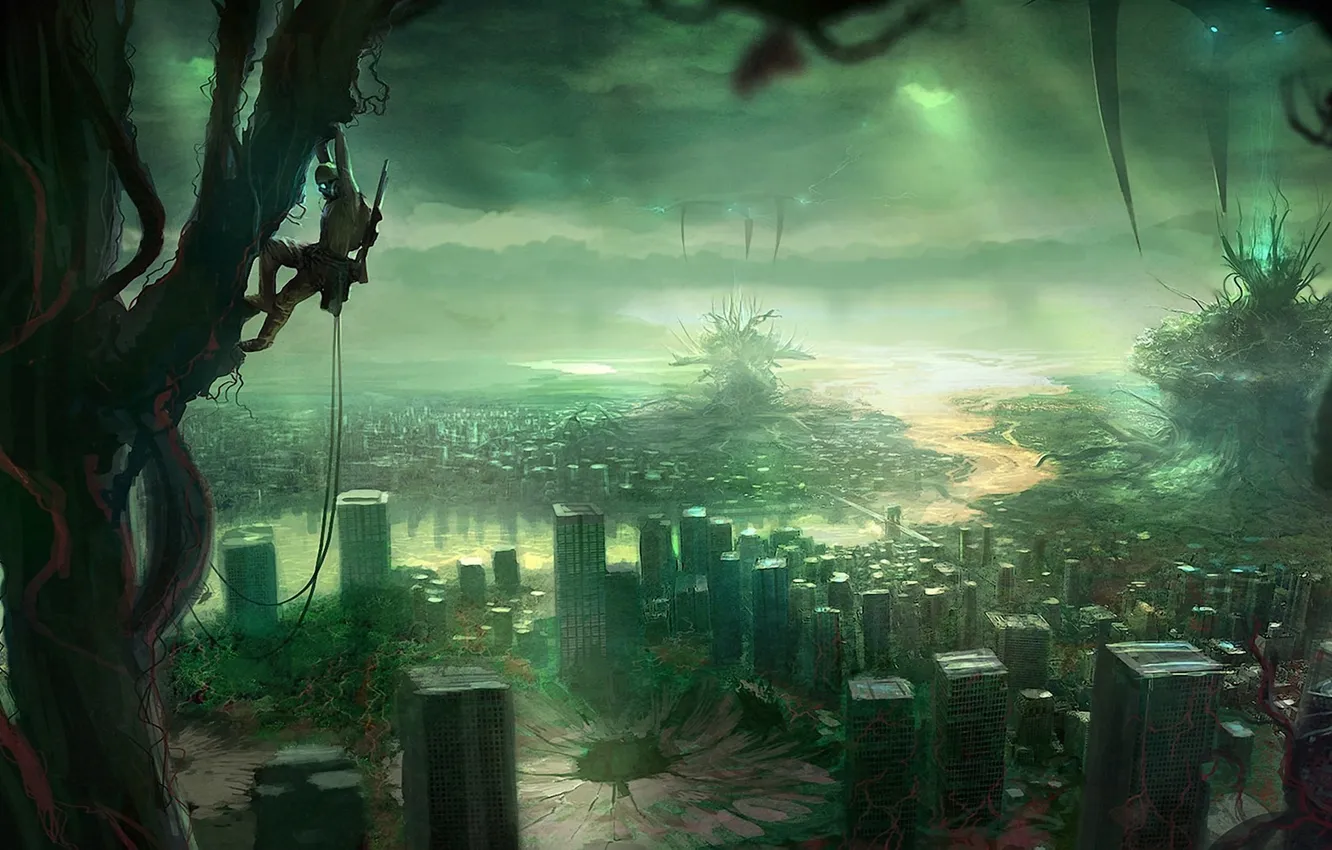 Фото обои деревья, город, человек, пауки, арт, монстры, руины, фантастический мир