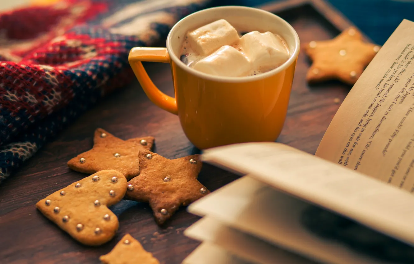 Фото обои зима, праздник, сердце, звезда, еда, печенье, чашка, книга