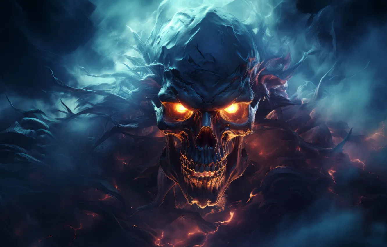 Фото обои тучи, тьма, череп, свечение, skull, ужас, horror, glow