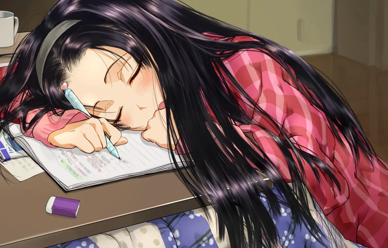 Фото обои тетрадь, длинные волосы, халат, котацу, ластик, за столиком, спящая девочка