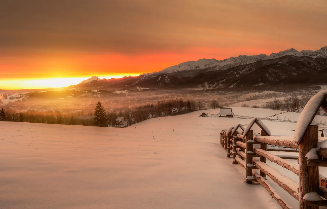 Фото обои зима, горы, рассвет, Высокие Татры