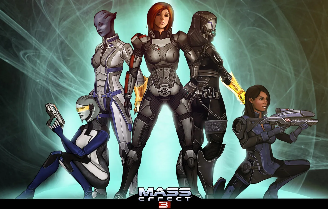 Фото обои Mass Effect, Shepard, Ashley Williams, EDI, Tali, Liara T'Soni, Tali'Zorah