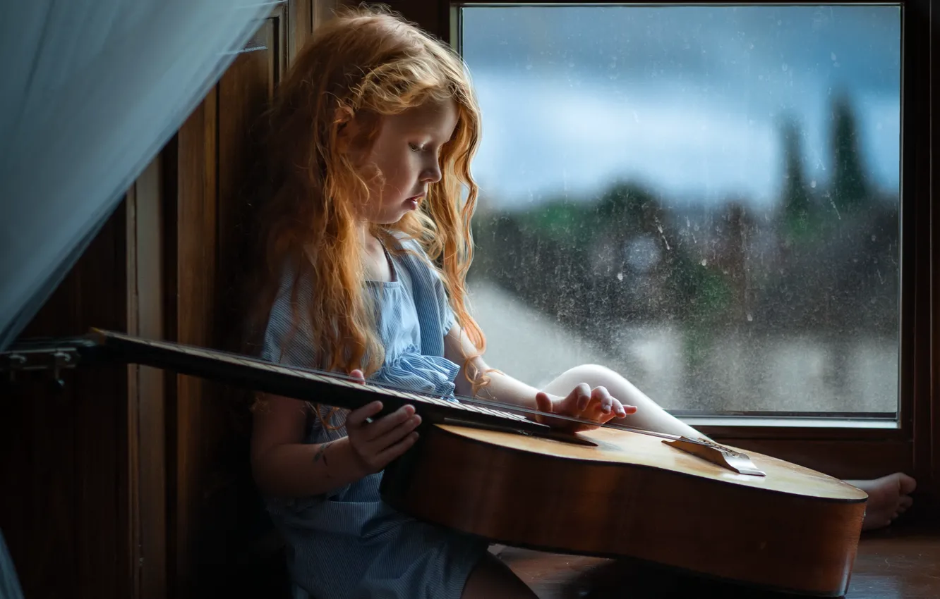 Фото обои гитара, окно, девочка