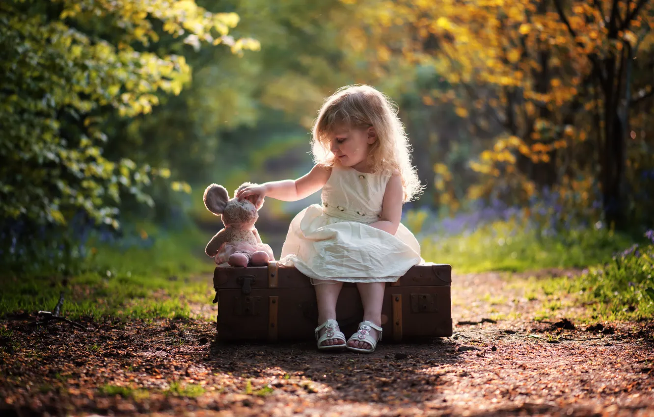 Фото обои природа, настроение, игрушка, девочка, чемодан