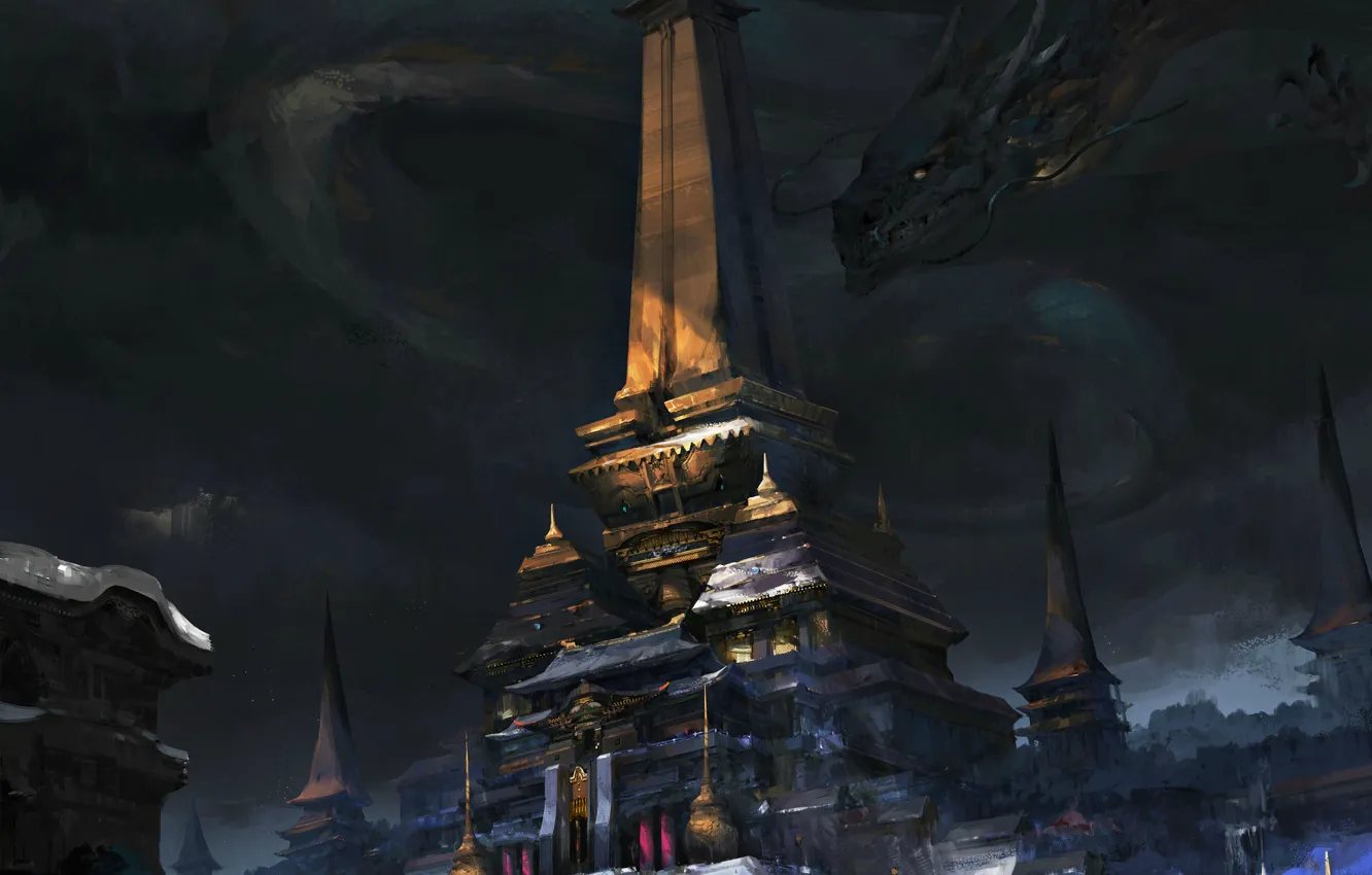 Фото обои фантастика, дракон, арт, храм