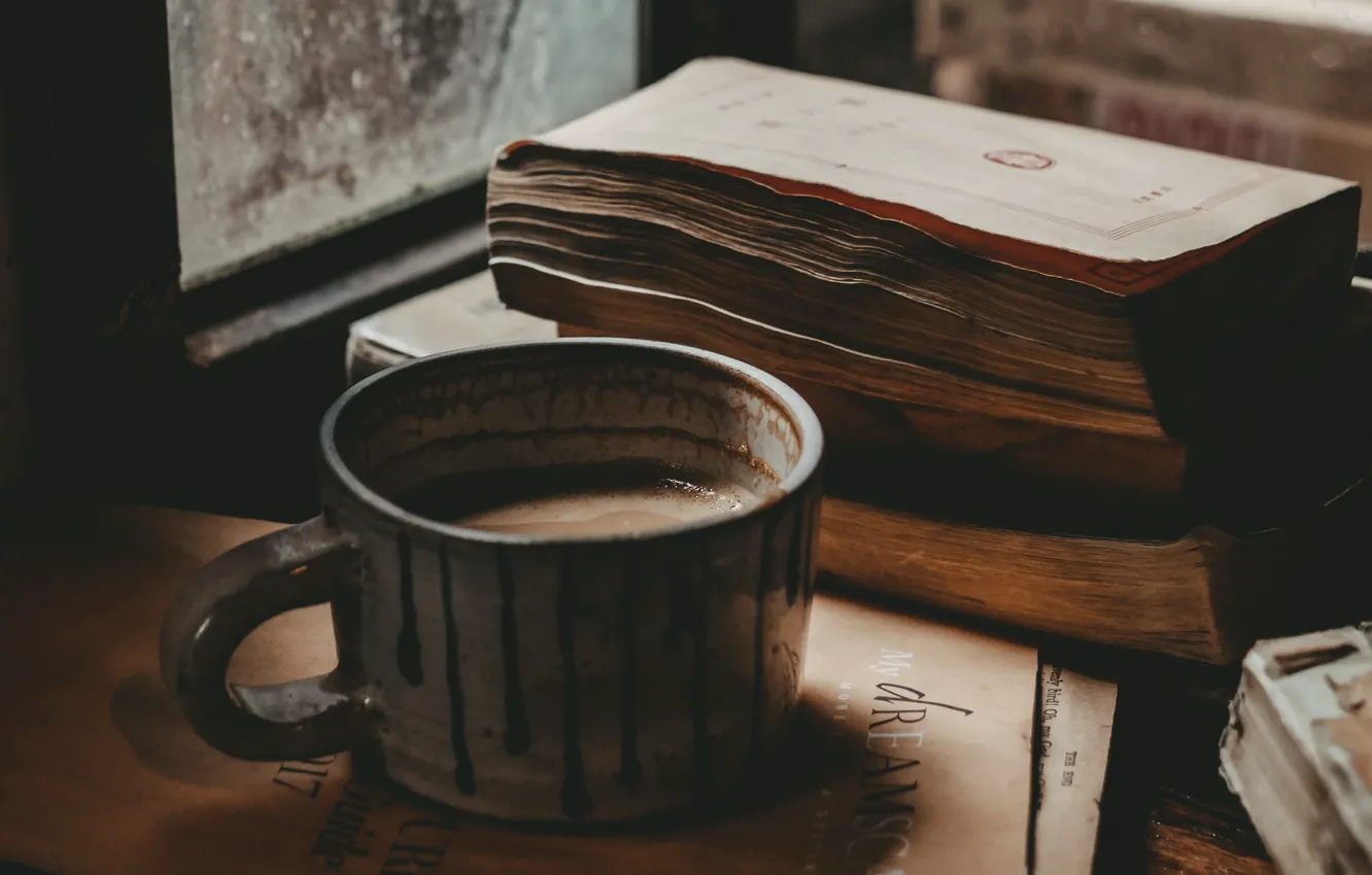 Фото обои Coffee, Mood, Window, Books, Foods, Mug, Hot chocolate