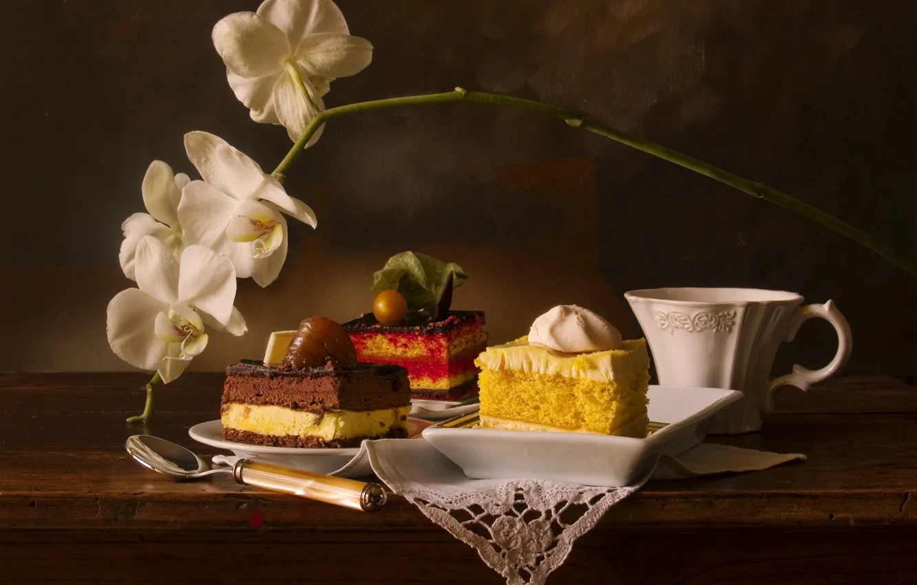 Фото обои чашка, натюрморт, десерт, орхидея, пирожные