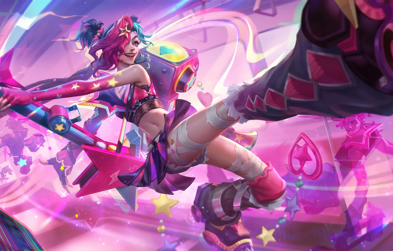 Фото обои splash, League of Legends, Jinx, Game Art, Digital 2D, Lovestruck Jinx, Pandart Studio