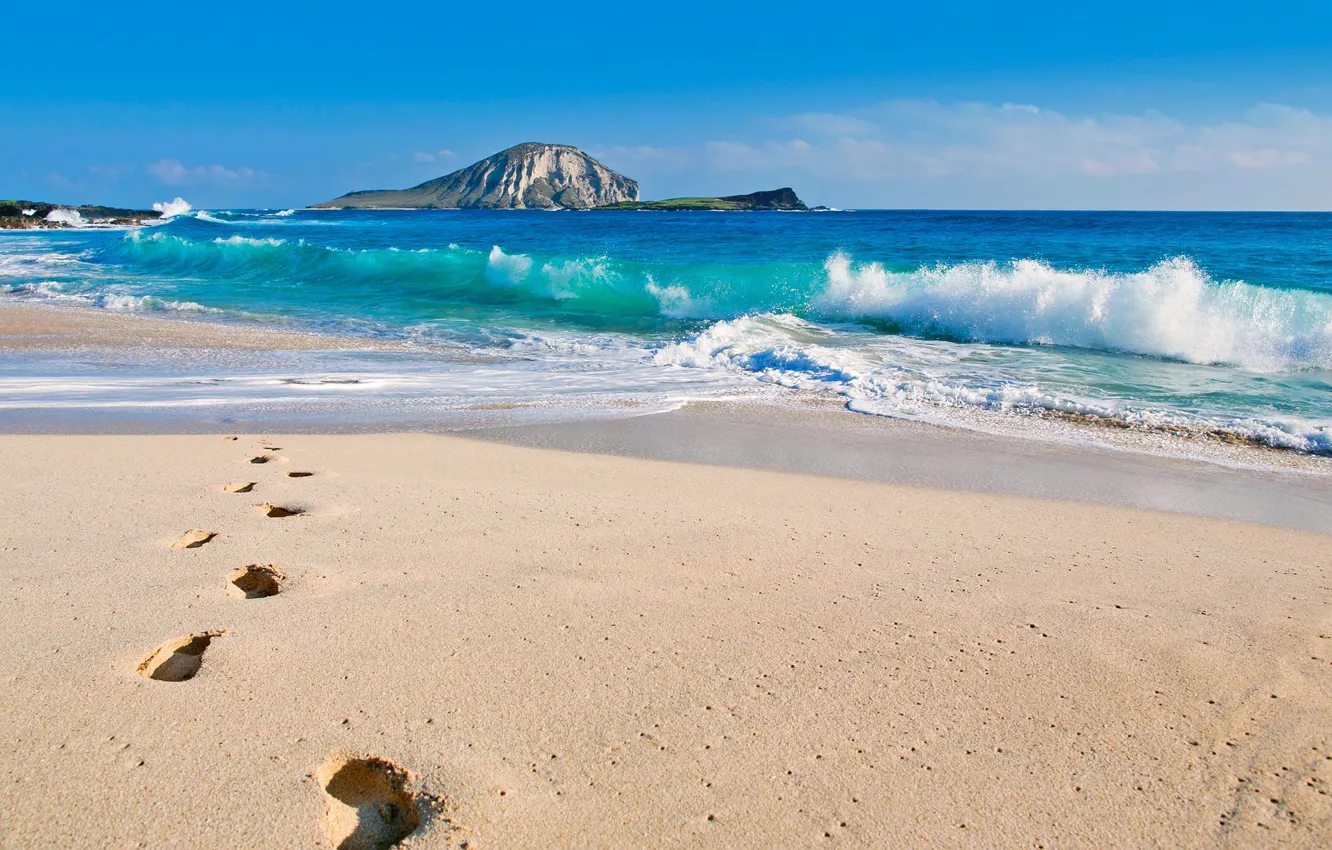 Фото обои песок, море, волны, пляж, следы, фото