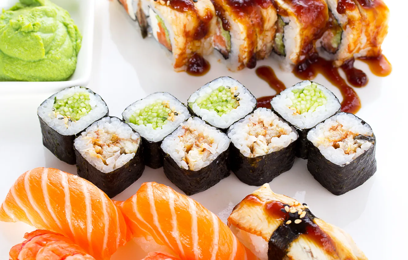 Фото обои рыба, рис, rolls, sushi, суши, fish, роллы, морепродукты
