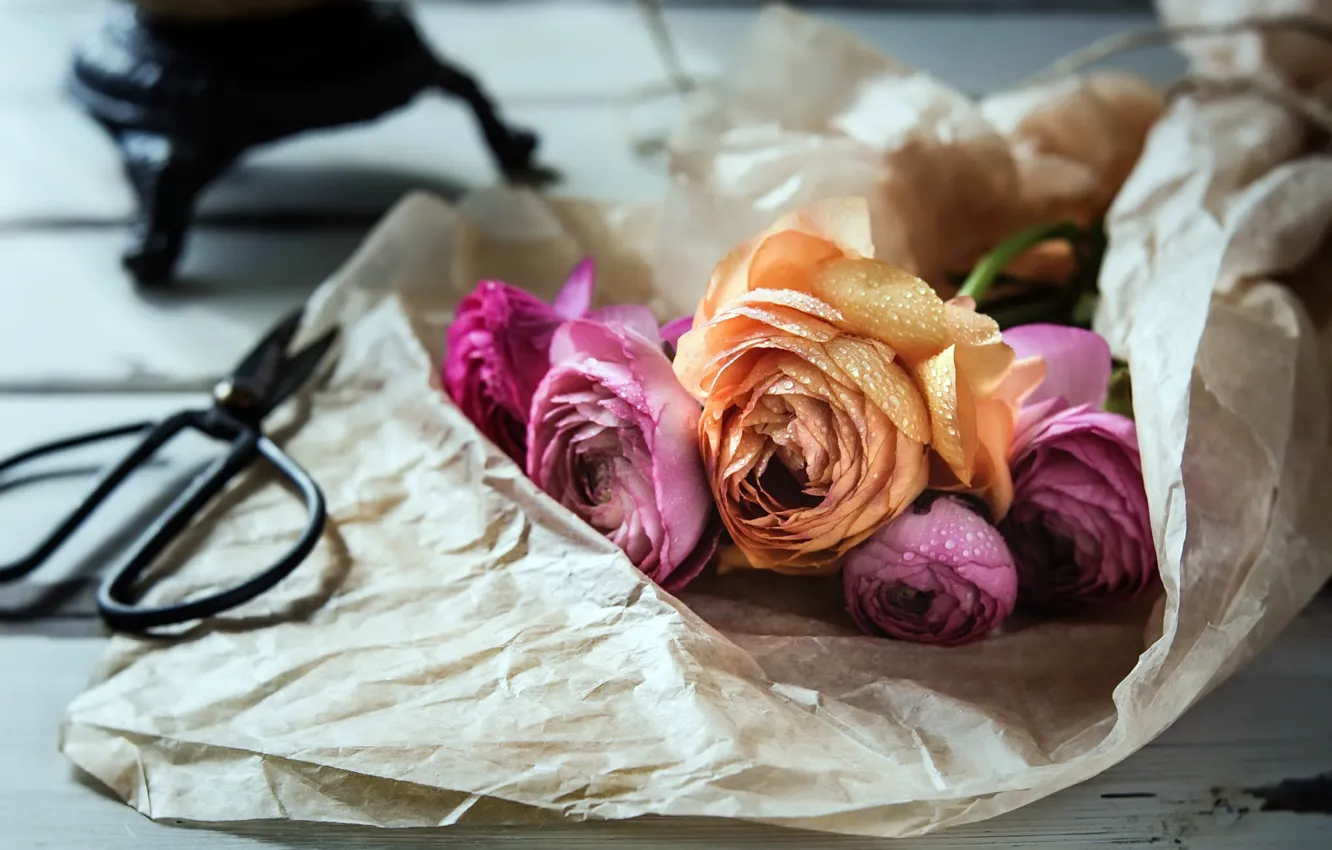 Фото обои цветы, бумага, ножницы