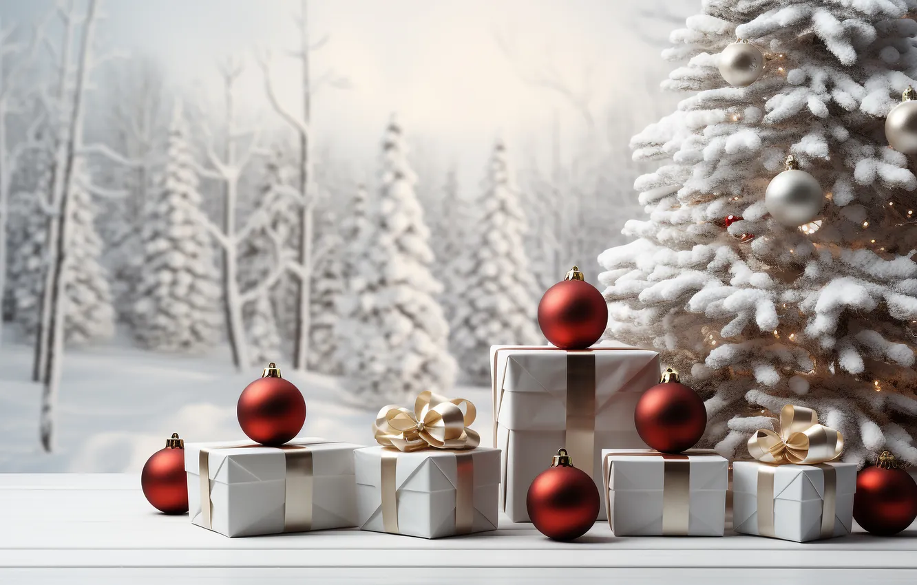 Фото обои зима, снег, украшения, елка, Рождество, Новый год, white, Christmas