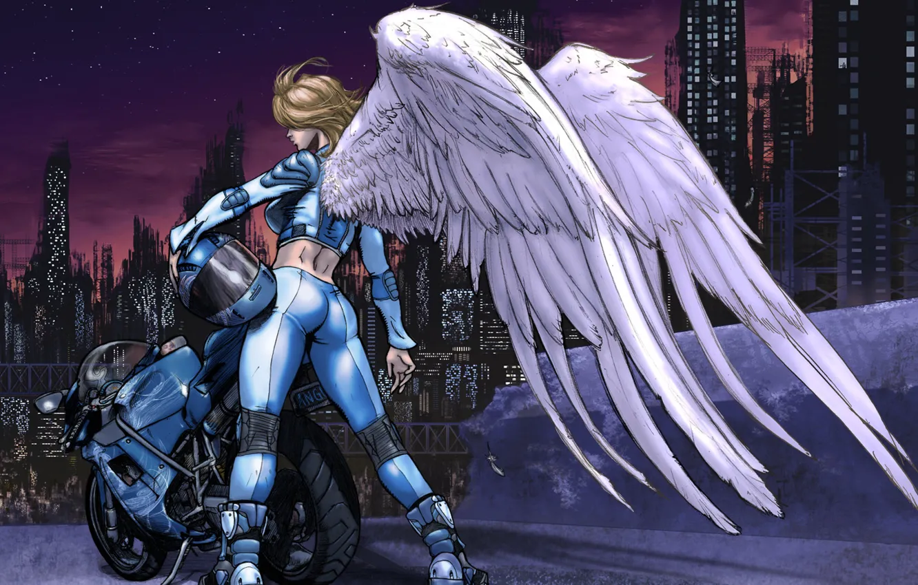 Фото обои ночь, крылья, ангел, небоскребы, мотоцикл, шлем, Angel