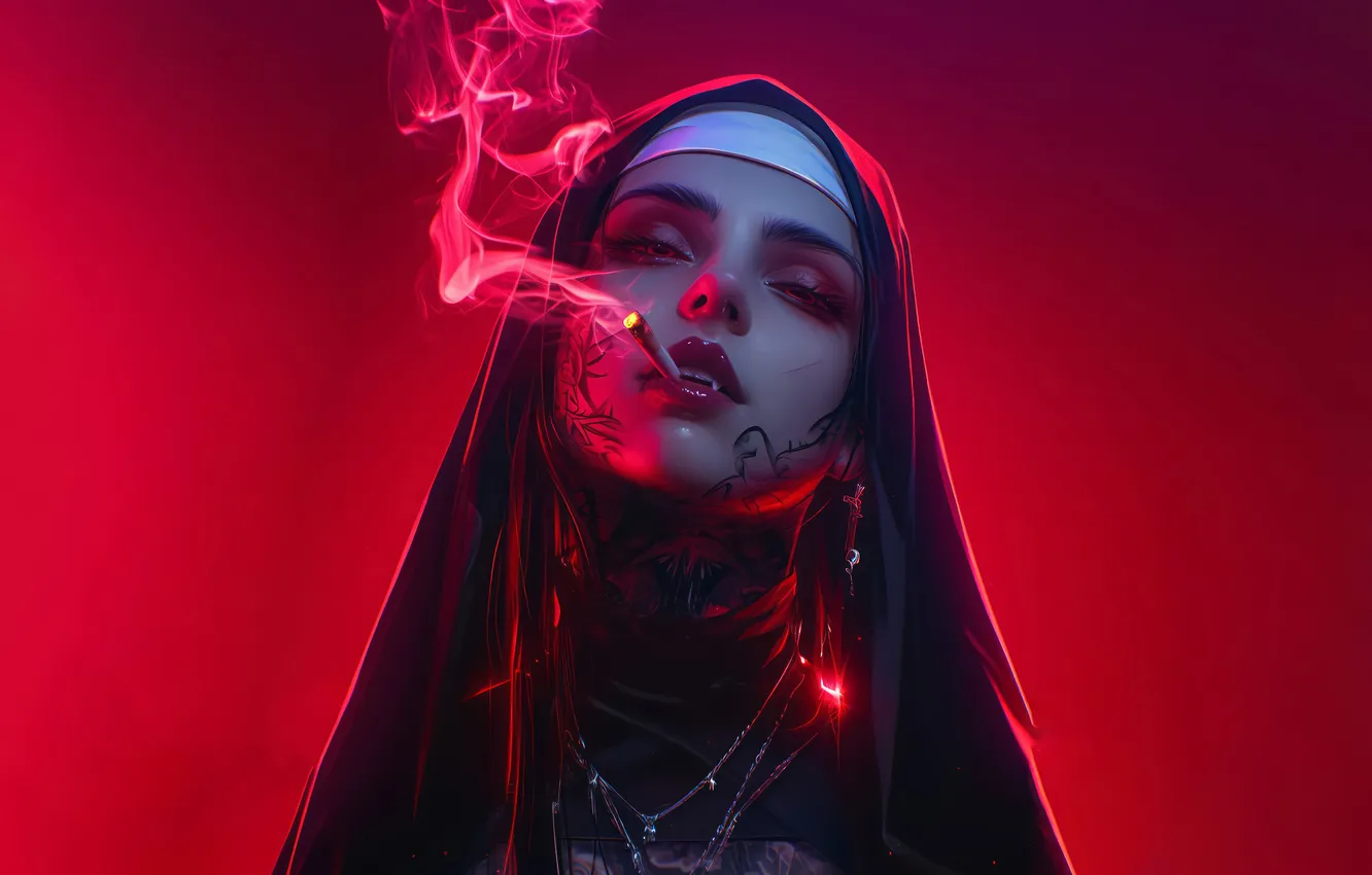 Фото обои smoking, digital art, artwork, anime girls, AI art, nun outfit