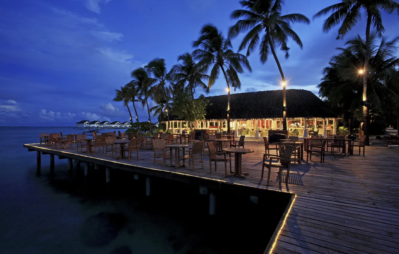 Фото обои пальмы, океан, вечер, ресторан