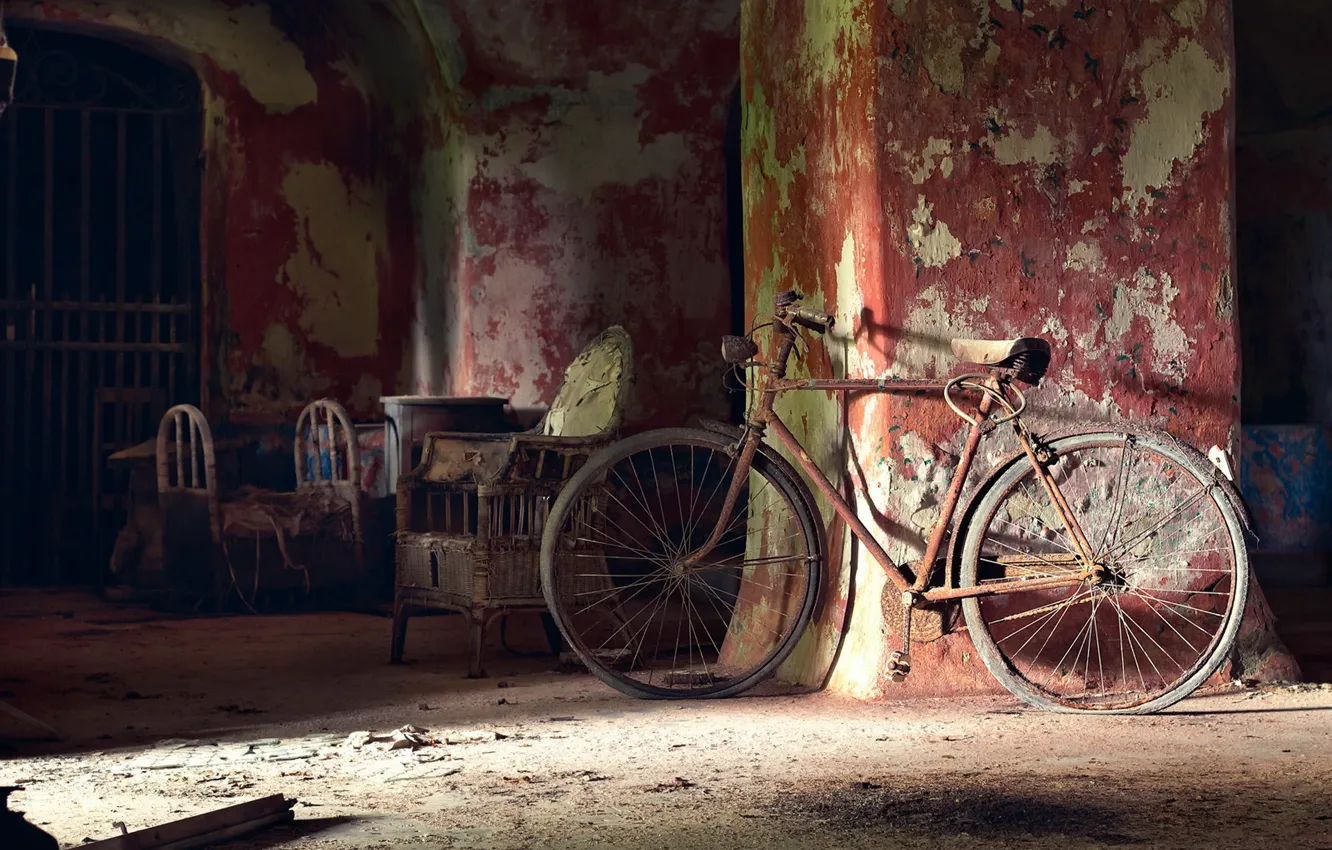 Фото обои свет, велосипед, комната