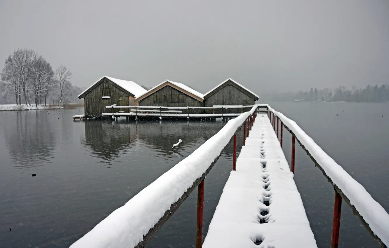 Фото обои снег, мост, туман, озеро