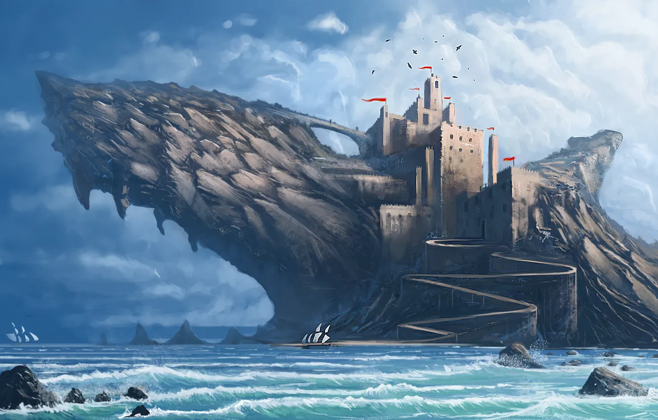 Фото обои море, замок, арт, Shark castle Rock