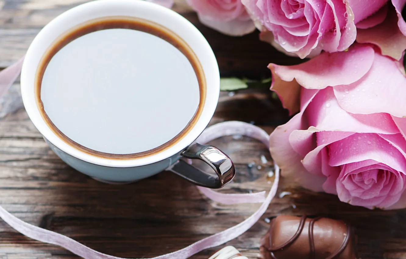Фото обои кофе, шоколад, розы, лента, сладкое, Oxana Denezhkina