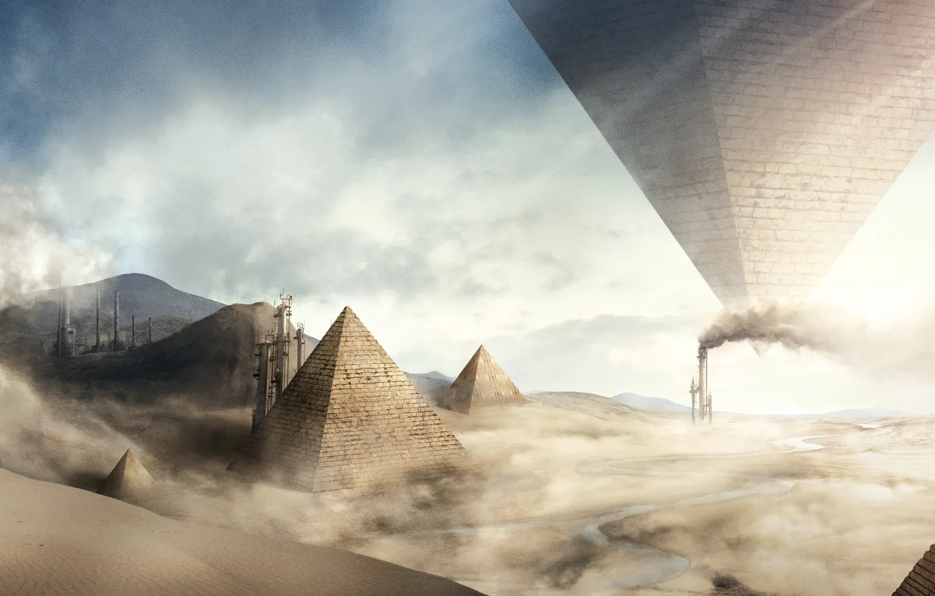 Фото обои песок, трубы, сюрреализм, завод, пустыня, дым, буря, арт