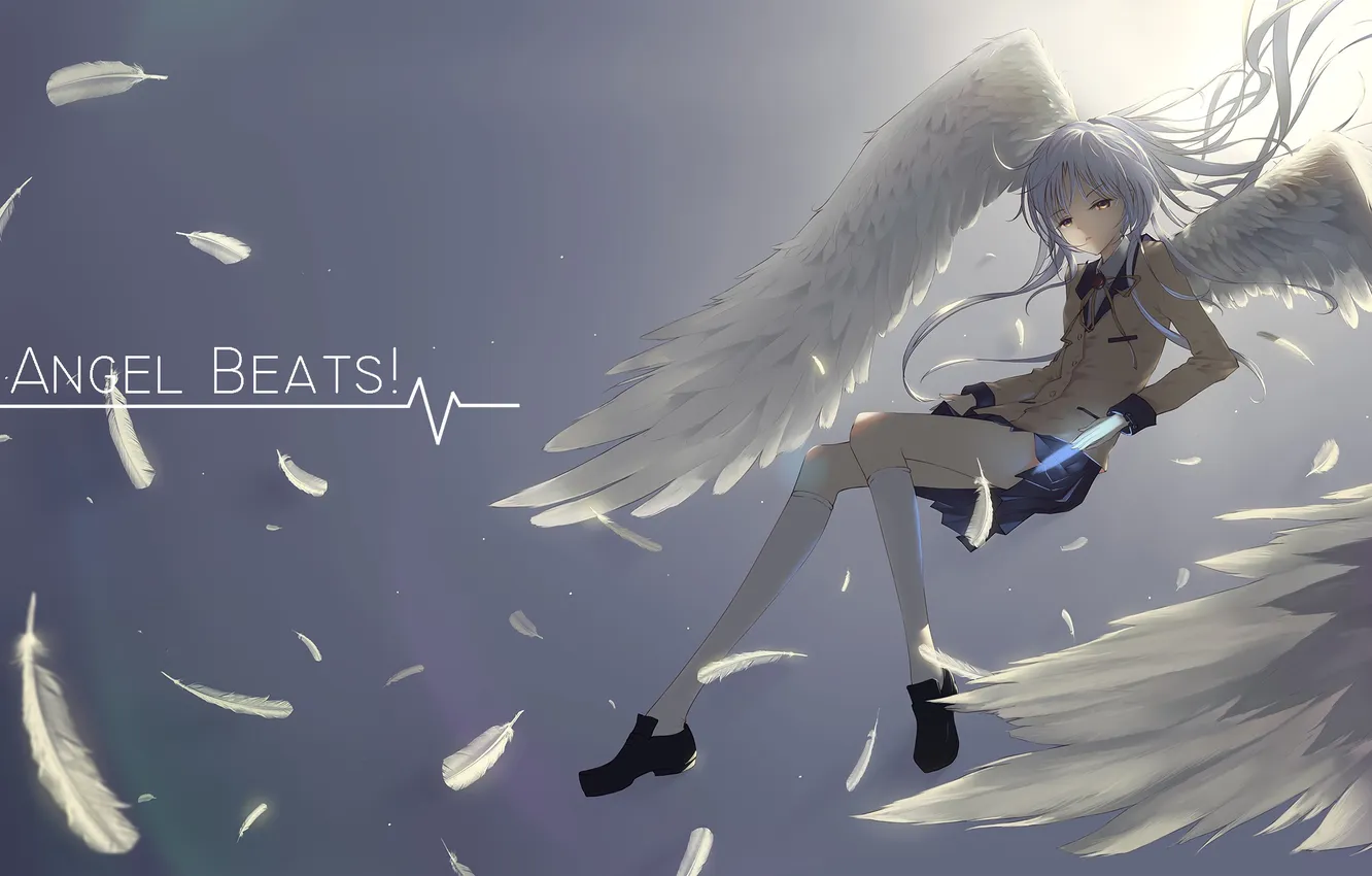 Фото обои девушка, крылья, аниме, перья, арт, ангельские ритмы, Angel Beats!, tachibana kanade