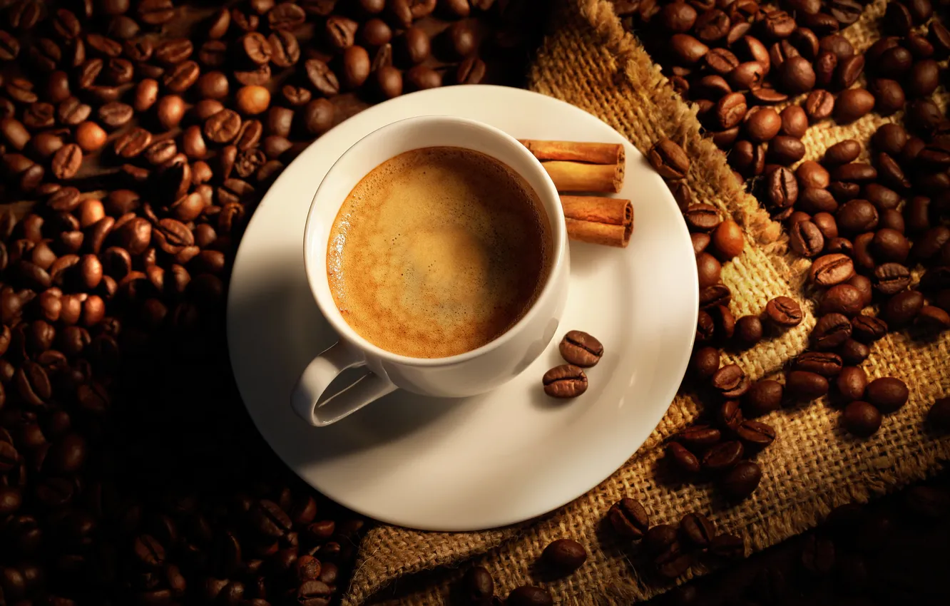 Фото обои кофе, палочки, чашка, корица, мешок, кофейные зерна, coffee, Cup
