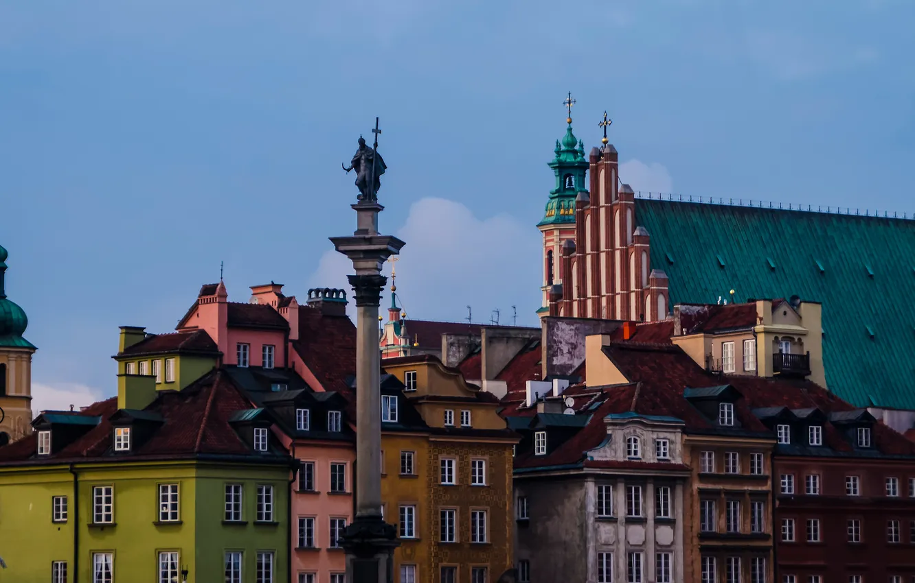 Фото обои крыша, дома, Польша, Варшава, старый город, колонна Сигизмунда
