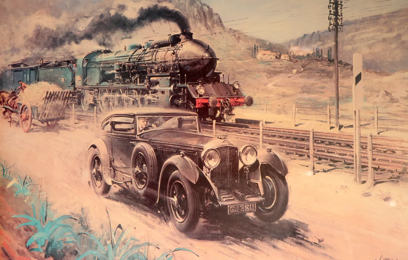 Фото обои Bentley, Рисунок, Поезд, Автомобиль, Живопись, Terence Cuneo