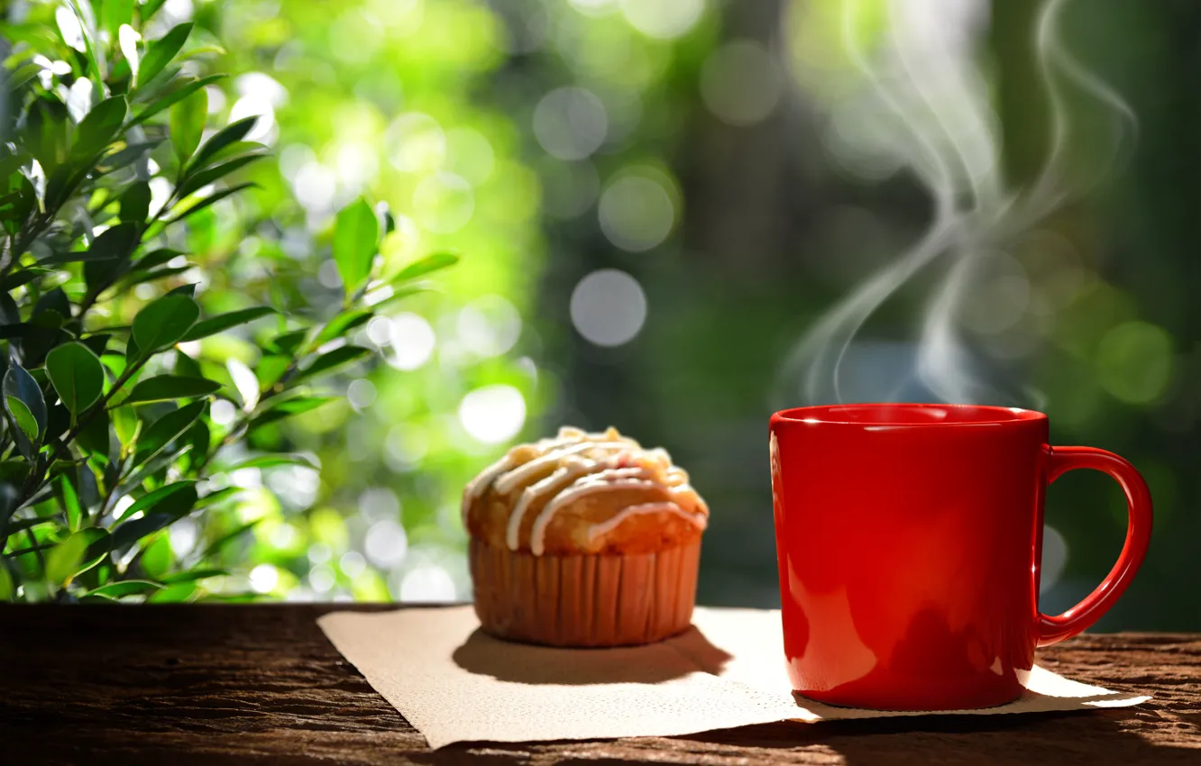 Фото обои кофе, завтрак, чашка, hot, coffee cup, cupcake, кекс, good morning