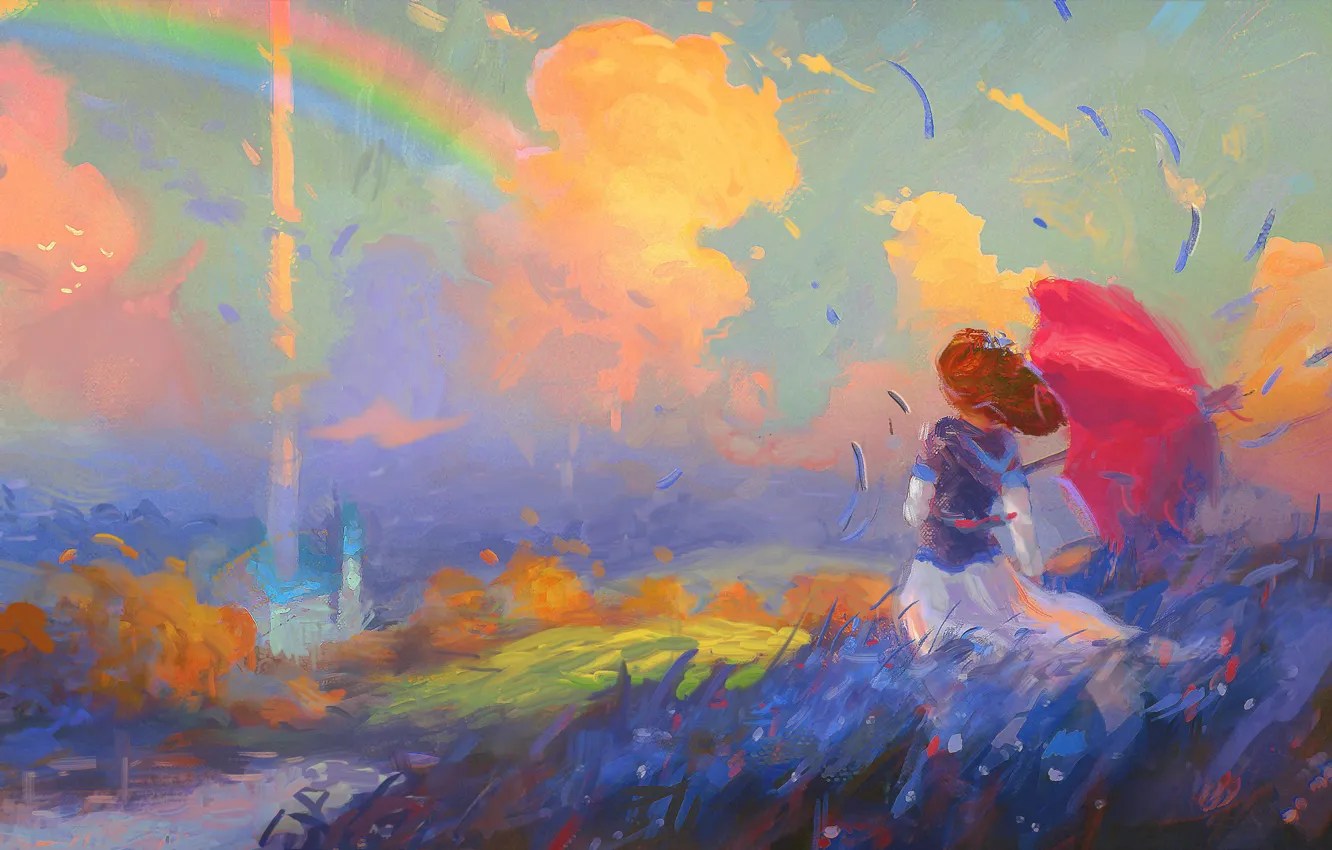 Фото обои поле, небо, девушка, облака, ветер, радуга, шляпа, зонт