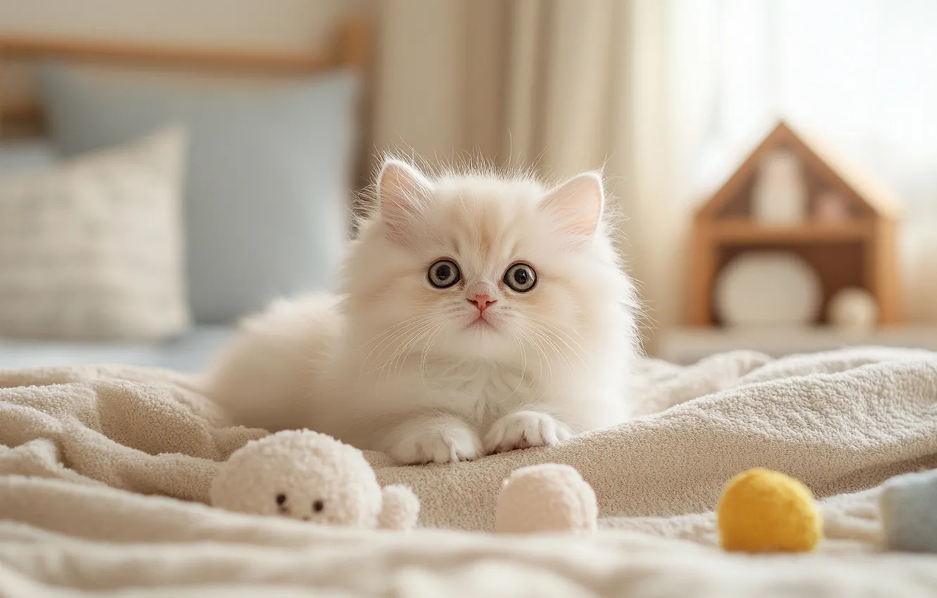 Фото обои кошка, белый, взгляд, шарики, поза, котенок, комната, игрушки