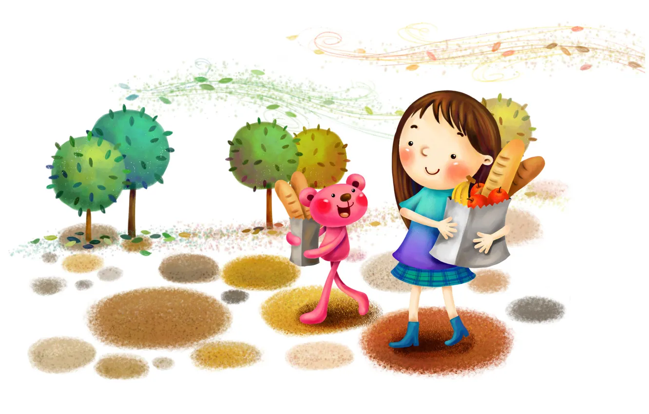 Фото обои деревья, улыбка, парк, ветер, рисунок, хлеб, девочка, фрукты