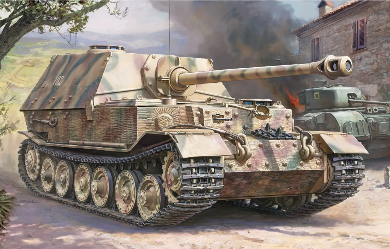 Фото обои Арт, САУ, вермахт, самоходно-артиллерийская установка, истребитель танков, Elefant