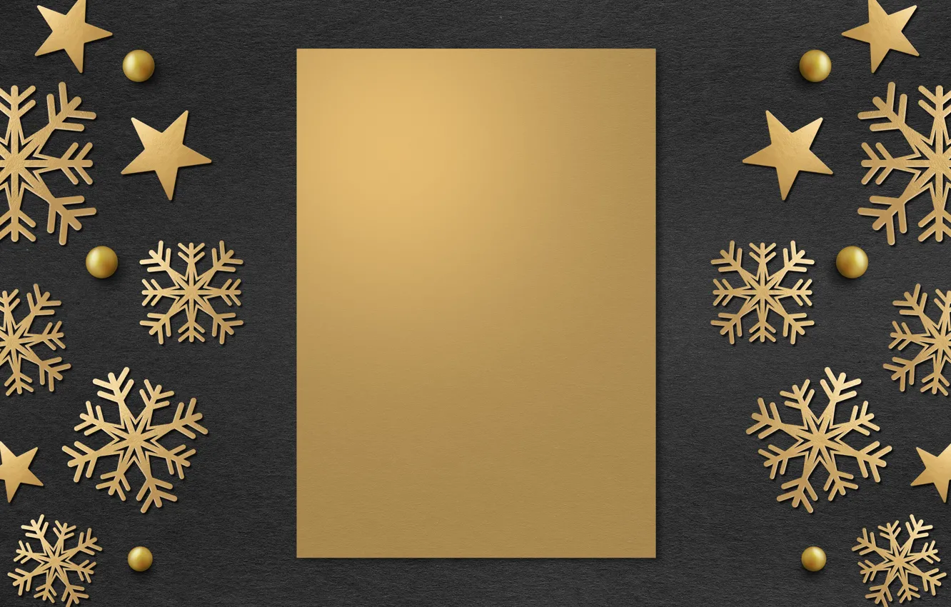 Фото обои зима, снежинки, рамка, golden, черный фон, black, Christmas, winter