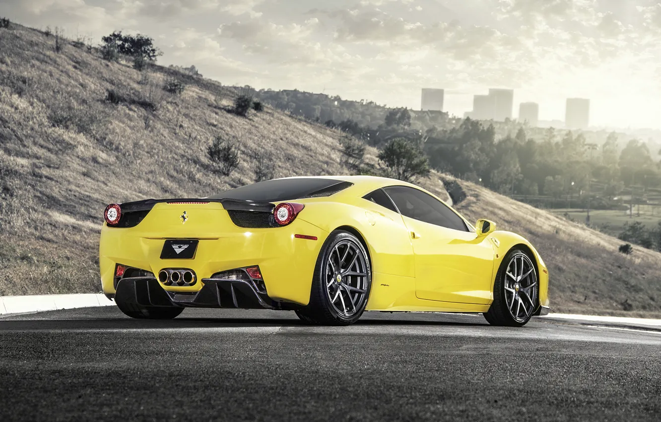 Фото обои Дорога, Феррари, Италия, Ferrari, Автомобиль, Vorsteiner, Yellow, Supercar