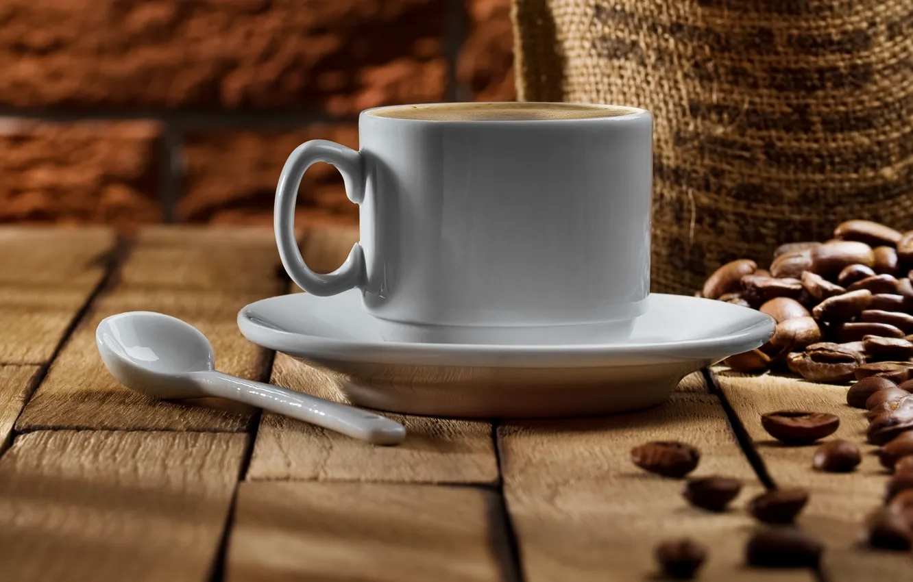 Фото обои кофе, зерна, ложка, чашка, блюдце