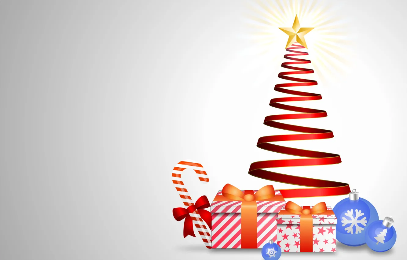 Фото обои праздник, шары, графика, новый год, рождество, подарки, ёлка, christmas