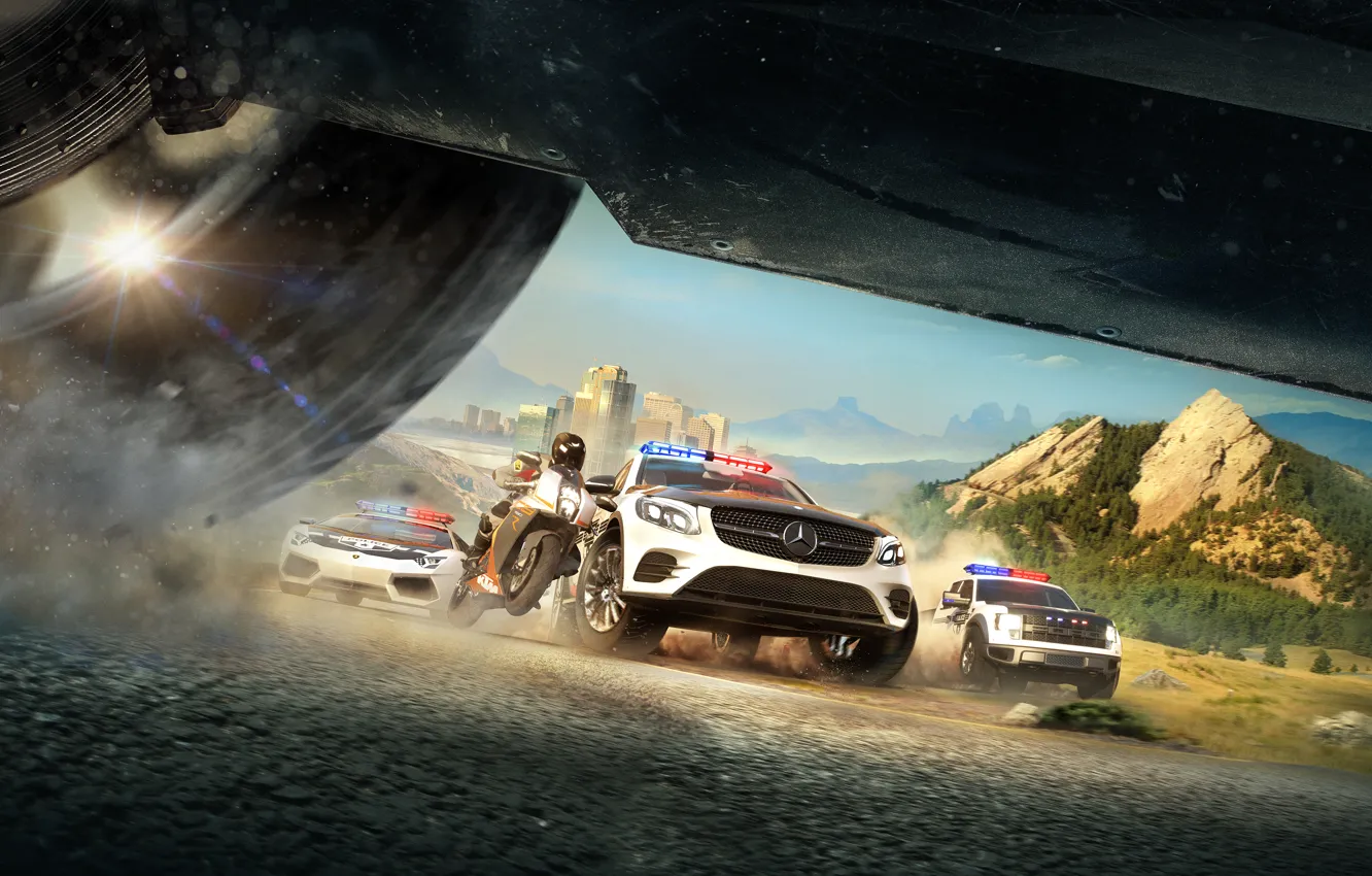 Фото обои Полиция, Копы, Машины, Мотоцикл, Погоня, Ubisoft, The Crew, Ivory Tower