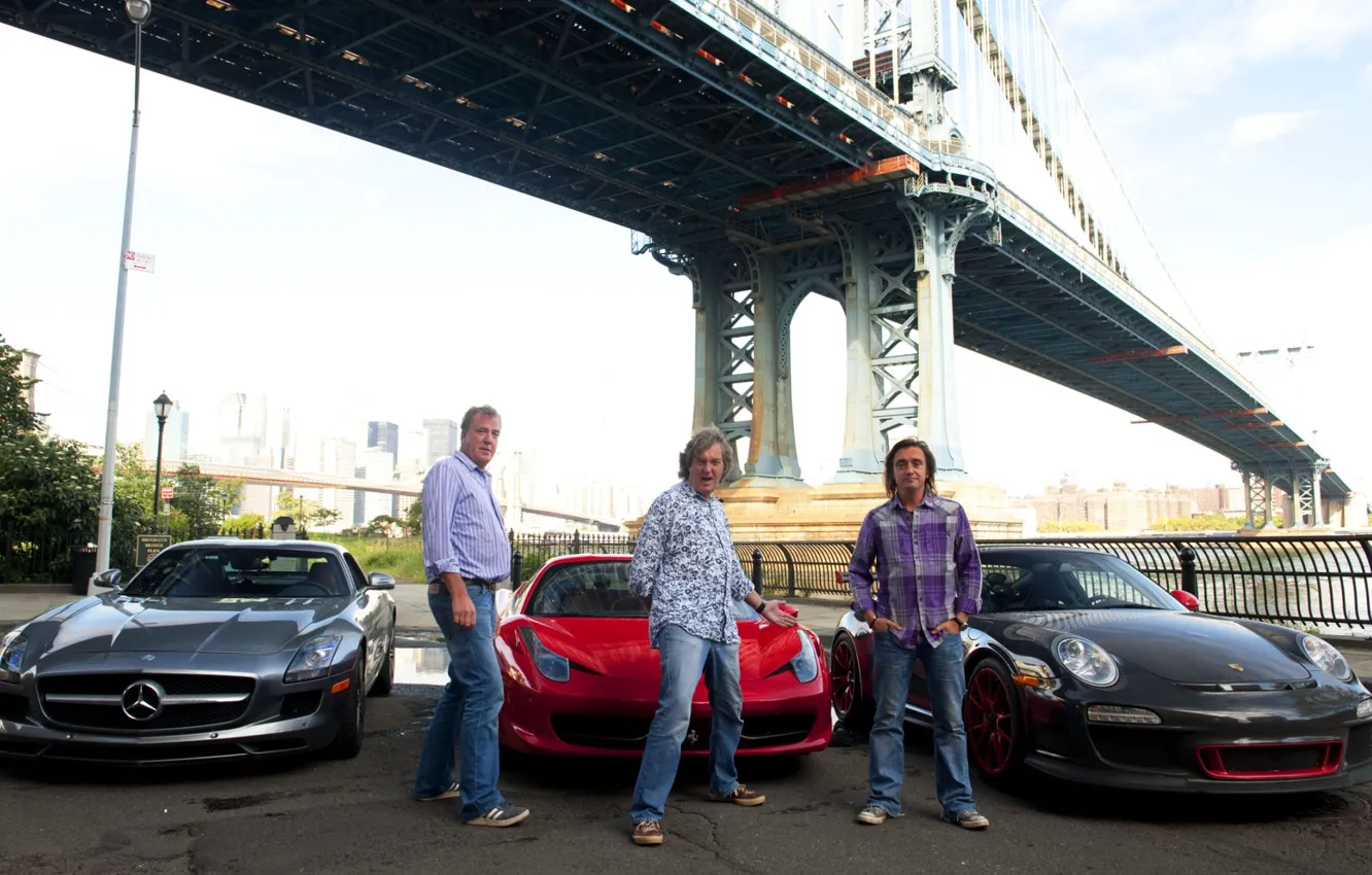 Фото обои мост, Mercedes-Benz, 911, Porsche, Jeremy Clarkson, Ferrari, мужики, 458