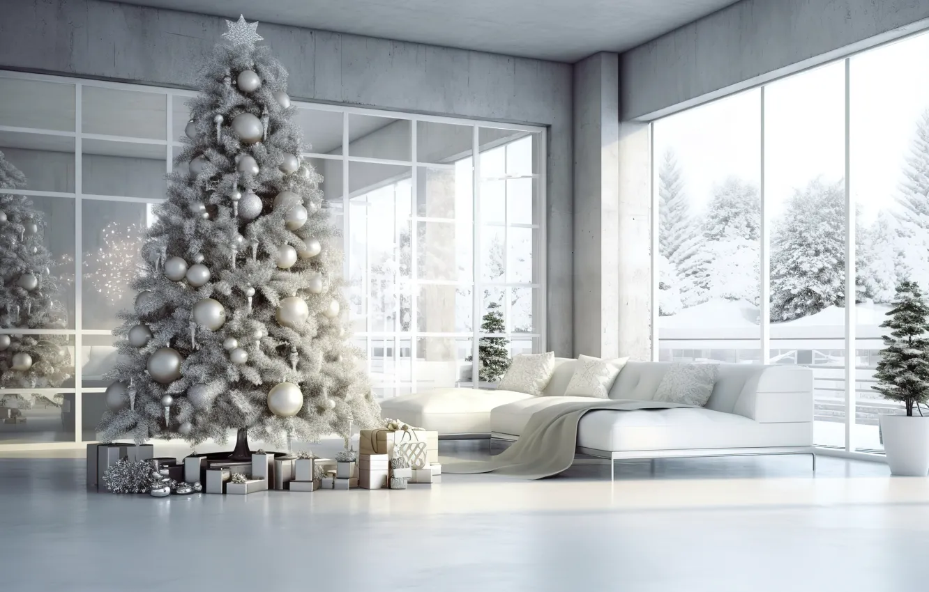 Фото обои зима, украшения, комната, шары, елка, интерьер, Новый Год, Рождество