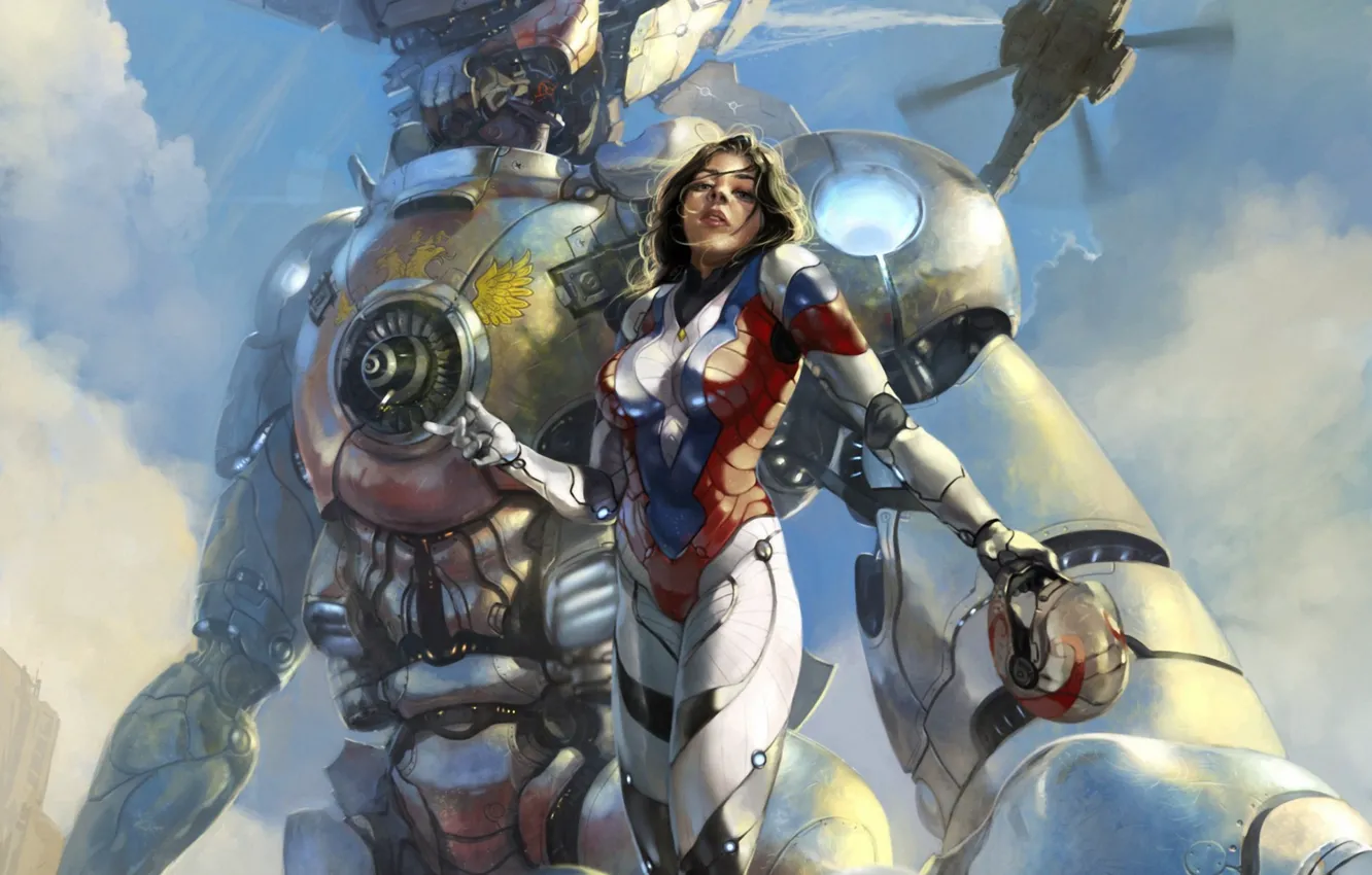 Фото обои небо, девушка, робот, арт, костюм, вертолет, шлем, гигантский